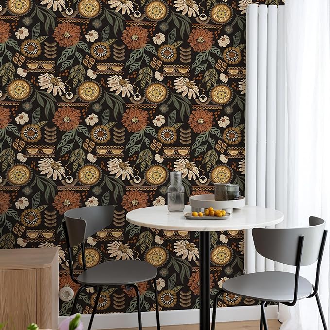 Simon&Siff Boho Peel and Stick Wallpaper, 17.3" x 480" Sun Floral Retro Contact by SimonSiff