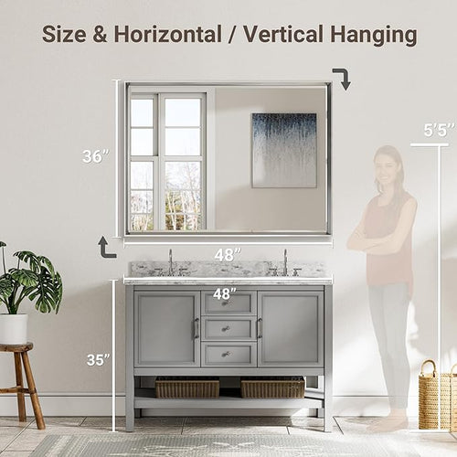 48 x 36 Silver Bathroom Mirror, Large Beveled Silver Bathroom Vanity Mirror - Image 2