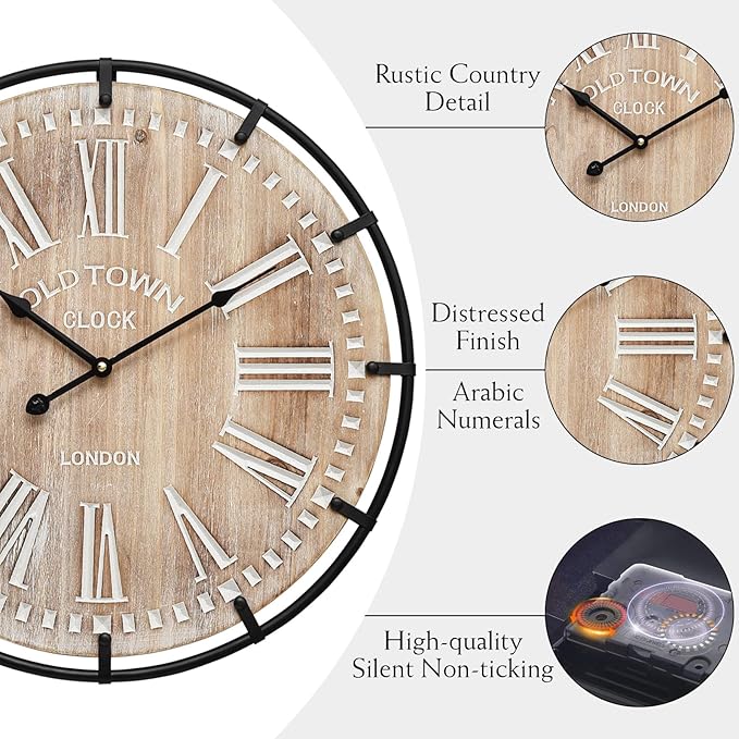 20 Inch Grand Farmhouse Wall Clock, Vintage-Inspired Wood & Metal Design - Image 7