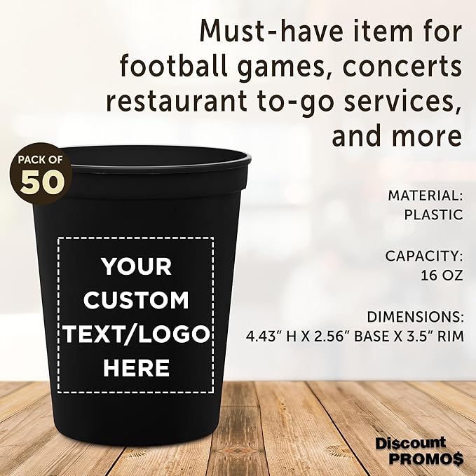 DISCOUNT PROMOS Custom Plastic Stadium Cups 16 oz. Set of 50, Personalized Bulk Pack - Perfect for Birthdays, Weddings, Picnic, Beach, Parties - Black