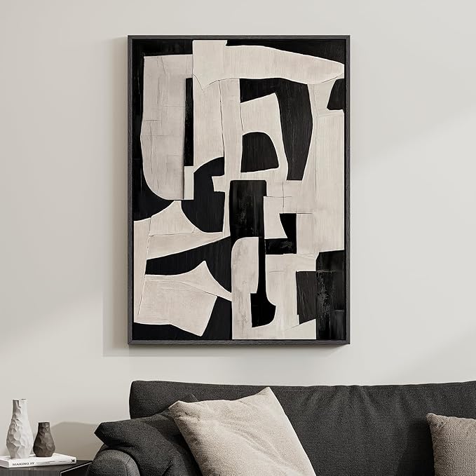 Framed Neutral Abstract Wall Art, Modern Black and Beige Canvas Prints by Cuspin