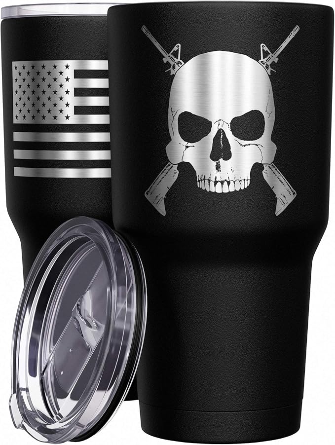 We The People Holsters - Cross Rifle Jolly Roger - Coffee Tumbler - American Flag Coffee Travel Mug - Engraved Tumbler - Double Insulated Tumbler - 30 oz
