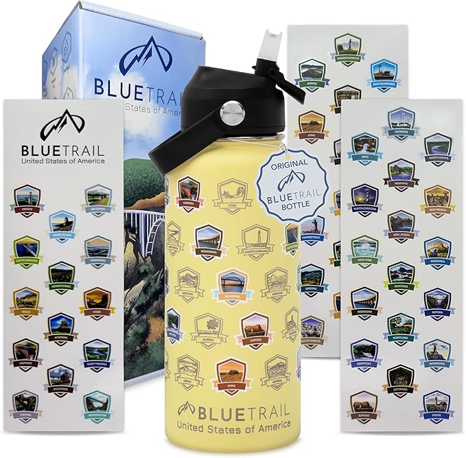 BlueTrail 50 States Water Bottle with Stickers - 32 oz Insulated Stainless Steel, Upgraded Leak-Proof Lid, UV & Waterproof Permanent Stickers, Laser Engraved 50 States of the USA (Lemon Frost)