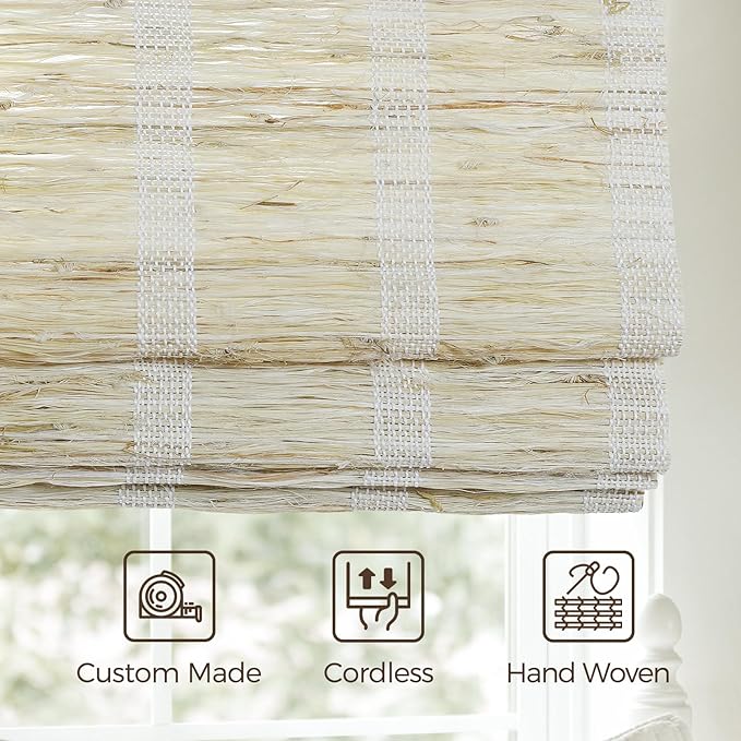 TWOPAGES Natural Woven No Drill Roman Shades, Custom Cordless Light Filtering - Image 4