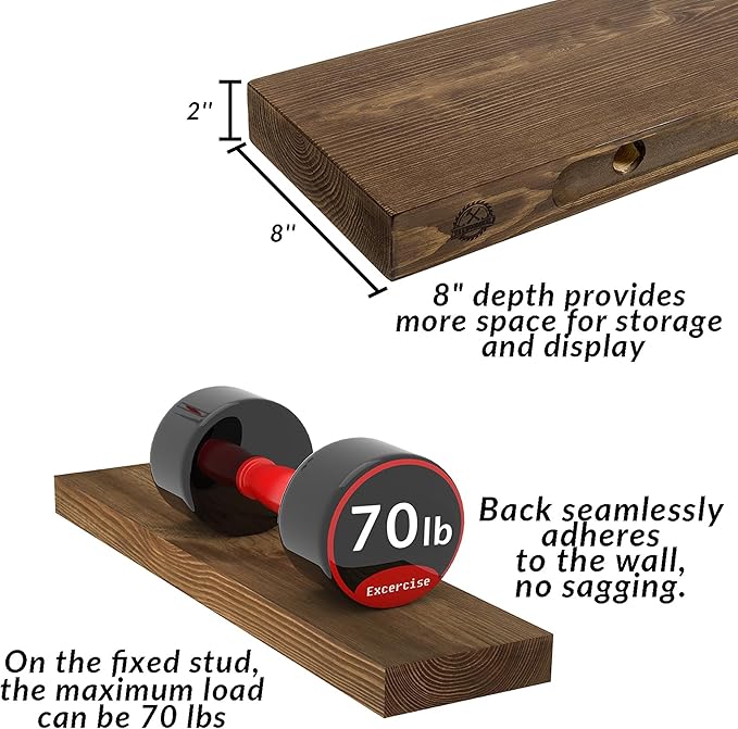60 Inch Floating Shelves, 8-Inch Deep High-End Solid Wood Long Floating Shelves - Image 3