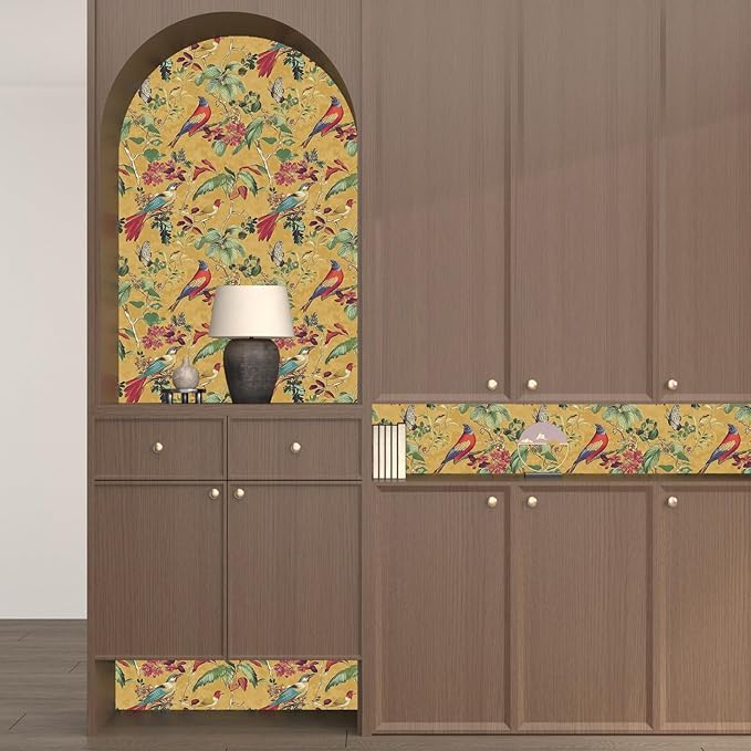 Vintage Floral Bird Wallpaper Peel and Stick, Boho Yellow Contact Paper - Image 3