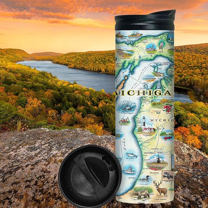 Xplorer Maps Michigan Map 16 Oz Travel Drinkware with Spill-Resistant Lid - Stainless Steel Vacuum Insulated Coffee Tumbler
