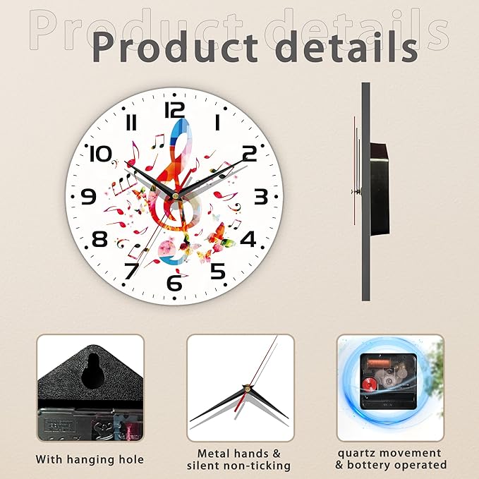 Clock for Living Room, Colorful Music Notes Wall Clock, Contemporary Home Decor - Image 3