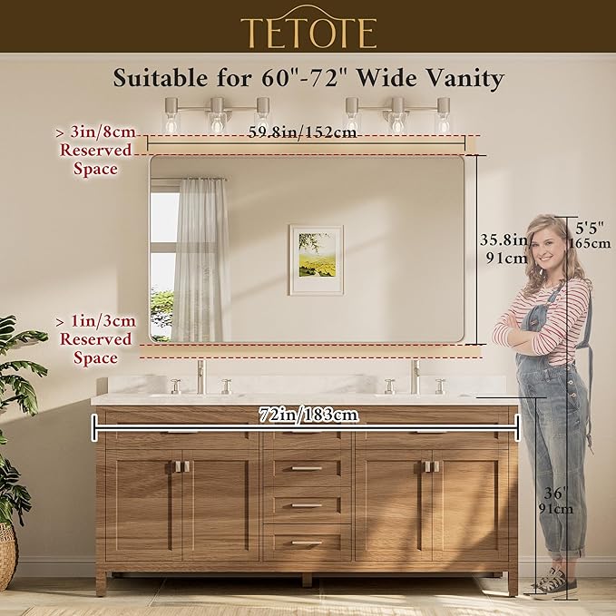 TETOTE 60 x 36 Inch Brushed Nickel Bathroom Mirror - Image 8