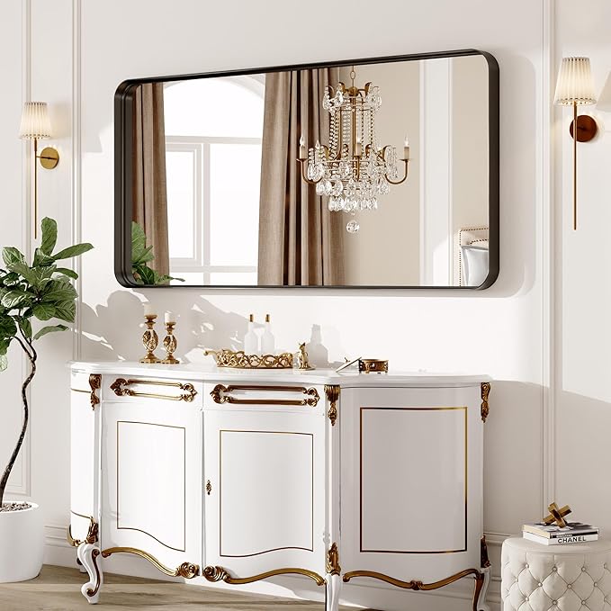 60X28 Inch Black Metal Framed Bathroom Mirror - Image 9
