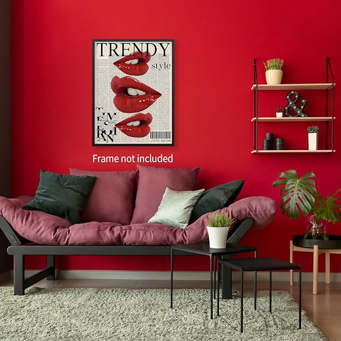 jkahh Trendy Y2k Newspaper Wall Art Vintage Red Lips Kiss Prints Poster Fashion - Image 7