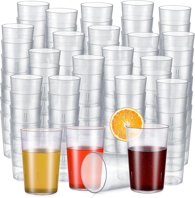 Meanplan Restaurant Grade 8 oz Plastic Cup Break Resistant Drinking Glasses Reusable Clear Cup Stackable Shatterproof Drink Tumblers for Cafe Party Catering Supplies(Frosted,100 Pack)