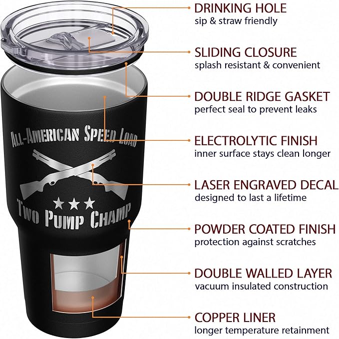 We The People Holsters - Two Pump Champ - Coffee Tumbler - American Flag Coffee Travel Mug - Engraved Tumbler - Double Insulated Tumbler - 30 oz