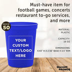 DISCOUNT PROMOS Custom Plastic Stadium Cups 16 oz. Set of 50, Personalized Bulk Pack - Perfect for Birthdays, Weddings, Picnic, Beach, Parties - Blue