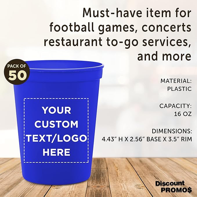 DISCOUNT PROMOS Custom Plastic Stadium Cups 16 oz. Set of 50, Personalized Bulk Pack - Perfect for Birthdays, Weddings, Picnic, Beach, Parties - Blue