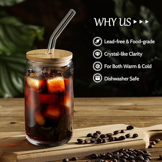 [ 6pcs Set ] Glass Cups with Bamboo Lids and Glass Straw - Beer Shaped Drinking Glasses, 16 oz Iced Coffee Glasses, Cute Tumbler Cup for Smoothie, Boba Tea, Whiskey, Water - 2 Cleaning Brushes