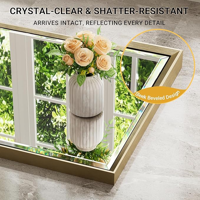 60 x 36 Gold Bathroom Mirror, Brushed Gold Beveled Bathroom Mirror, - Image 3