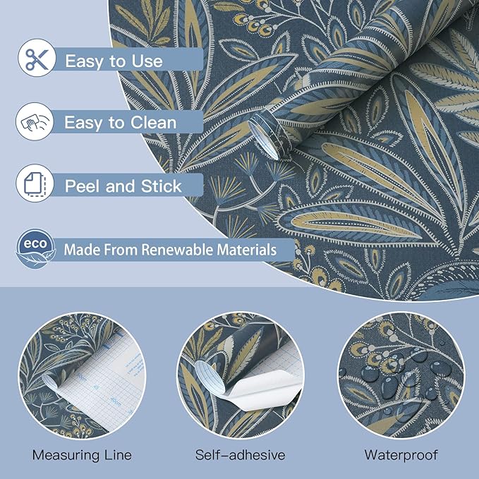 Safiyya Blue Vintage Floral Wallpaper Peel and Stick Contact Paper 17.3" x 197" - Image 6