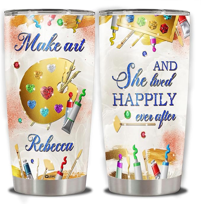 WAZONE Personalized Make Art And She Lived Happily Ever After Stainless Steel Tumbler 20oz 30oz Insulated Cup Travel Mug Customized Gift Cool For Girl Painting Lover Painters Artists Teachers