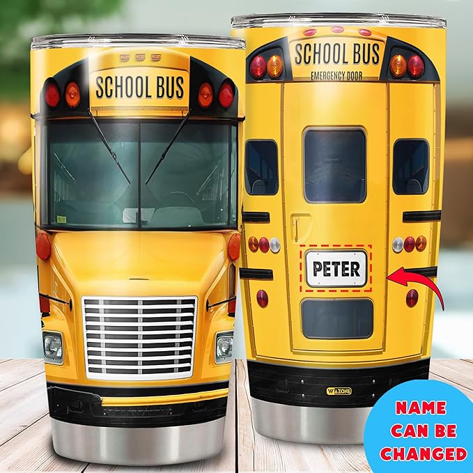 WAZONE Personalized School Bus Tumbler With Lid 20Oz 30Oz Custom Name Stainless Steel Vacuum Insulated Cup Novelty Funny Things Travel Mug Gifts Birthday Christmas For Men Driver Husband Him