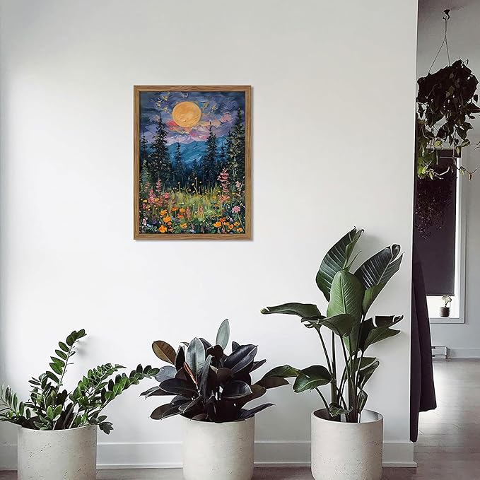 Framed Nature Forest Canvas Wall Art, Full Moon above Wildflowers and Woodland - Image 7
