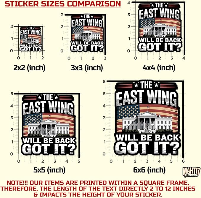 The East Wing Will Be Back Sticker American Flag Political Patriotic Waterproof Die-Cut Vinyl Stickers for Laptop, Tumblers, Water Bottle, Phones, Hardhat, Cars, Cute Aesthetic Decor Gifts
