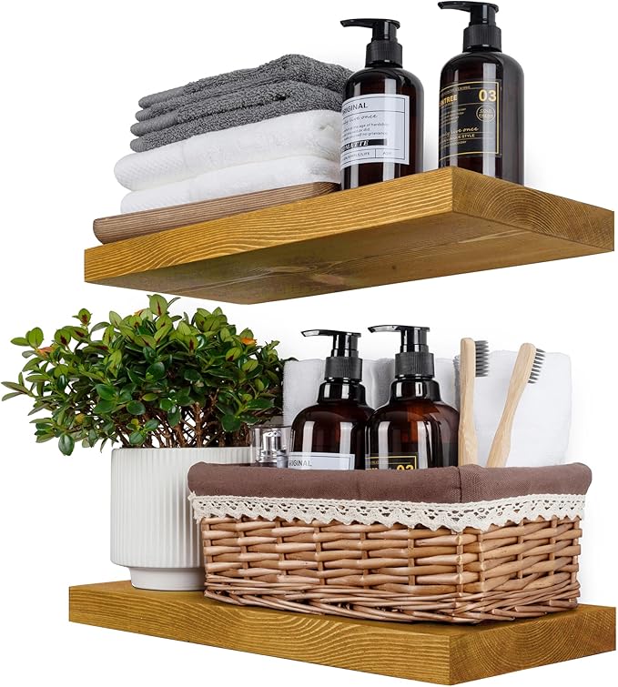 BGMG Wood Floating Shelves for Wall 18 inch Set of 2, Rustic Wooden Wall Mount by BGMG