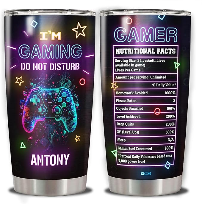 WAZONE Personalized Gamer Tumbler Nutrition Facts Customized Gaming Insulated Cup Stainless Steel 20oz 30oz Travel Mugs Birthday Christmas Presents for Video Game Lovers Pro Gamers Men Women
