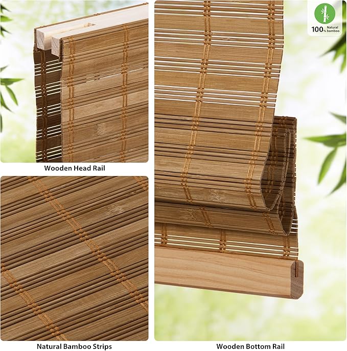 LazBlinds Cordless Bamboo Roman Shades, Custom Light Filtering Window Treatment - Image 2