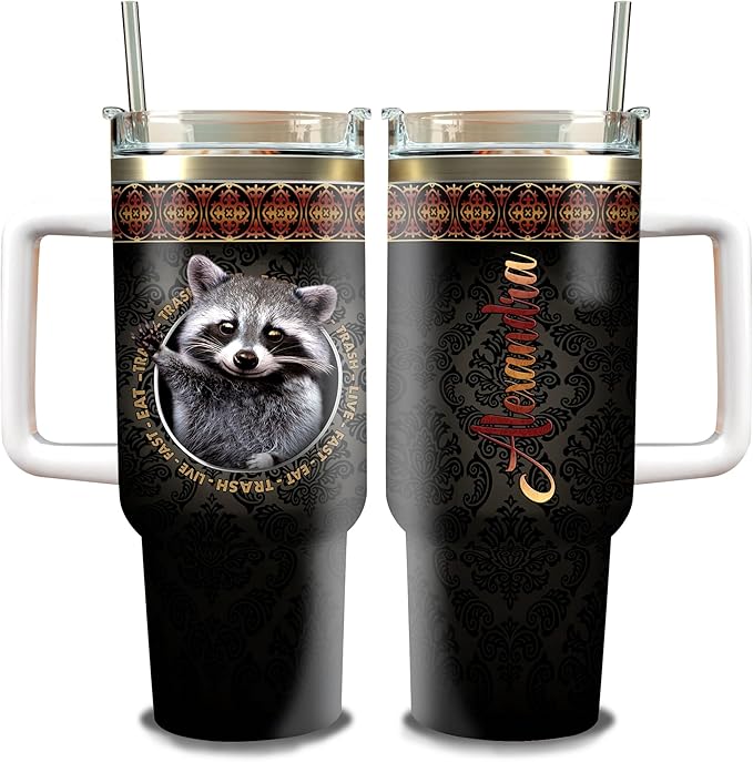 WAZONE Personalized Raccoon Coffee Tumbler Stainless Steel Tumblers With Lid 40oz Insulated Cups Custom Name Birthday Christmas Thanksgiving Gifts For Raccoons Lovers Friends Besties Sisters