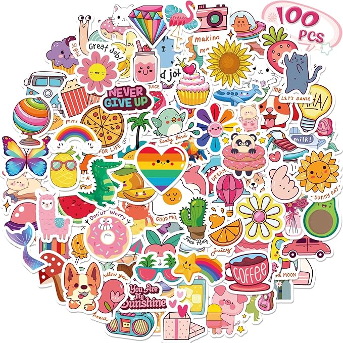 RINOLY 100 PCS Water Bottle Stickers for Kids, Cute Sticker for Girls,Waterproof Vinyl Kawaii Stickers for Water Bottles,Skateboard,Laptop,Girls Boys Classroom Prizes