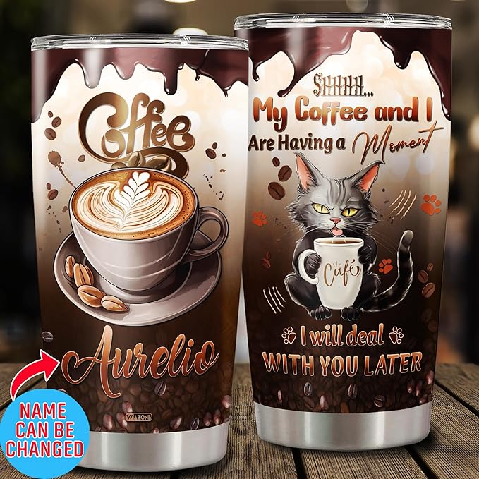 WAZONE Personalized Tumbler With Name 20oz 30oz Shh My And I Are Having A Moment Travel Mug Funny Customized Gifts For Cat Lovers Men Women Birthday Present Cute Animal Insulated Cup