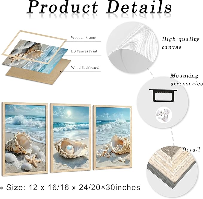 SYWENNOI 3 Piece Wood Framed Beach Wall Art, Sandy Shore, Pearl in Shell - Image 6