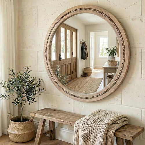 36" Large Round Wood Mirror for Living Room Fireplace, Big Solid Wood Wall - Image 2