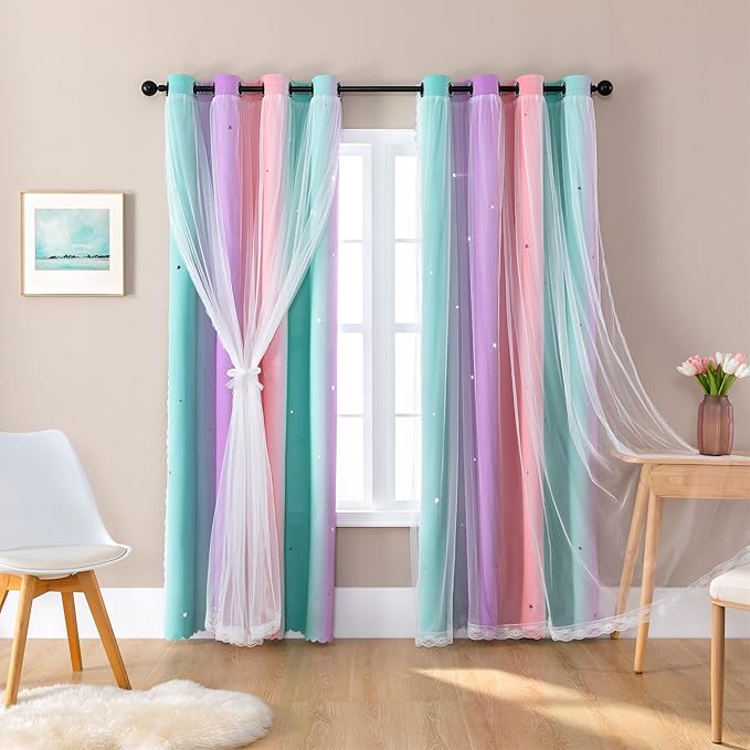 XiDi Curtains for Bedroom Kids Rainbow Pink Purple Green Curtains for Girls by Addsomecolortolife