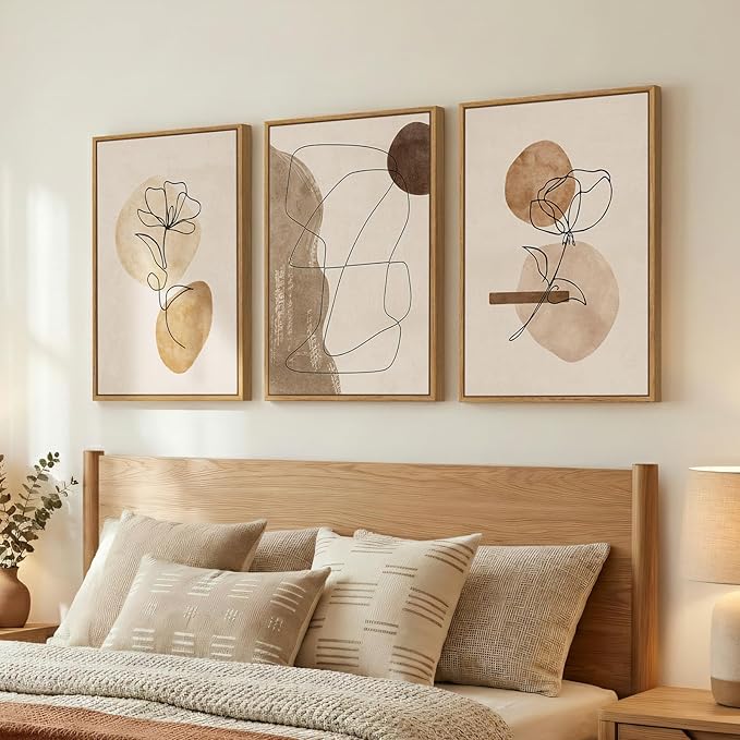 Framed Neutral Abstract Boho Wall Art Bedroom, 3 Piece Brown Black Botanical - Image 2