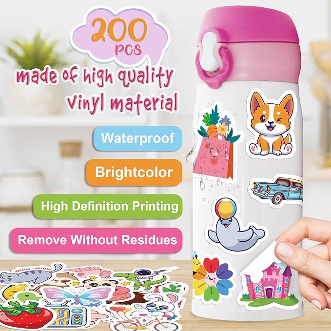 ALODNY 200 PCS Water Bottle Stickers for Kids Cute Sticker,Waterproof Vinyl Stickers for Water Bottles laptops,Kawaii Stickers for Kids Classroom Prize Boys Girls Teens