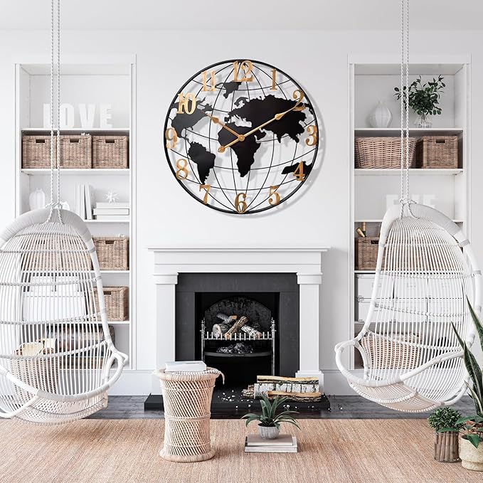 Large World Map Wall Clock, Metal Minimalist Modern Clock, Round Silent - Image 5