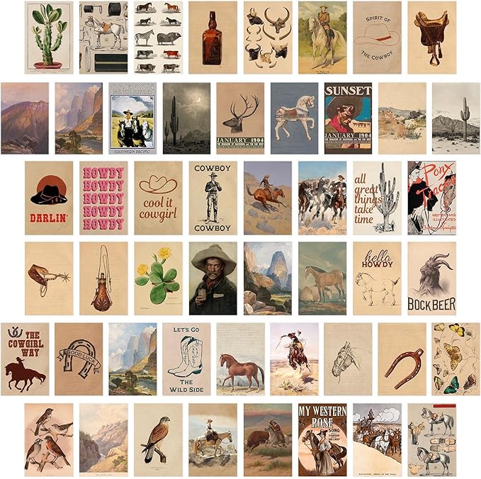 KBKBART 50 Pcs Vintage Western Cowboy Pictures Wall Decor, Farmhouse Western by KBKBART