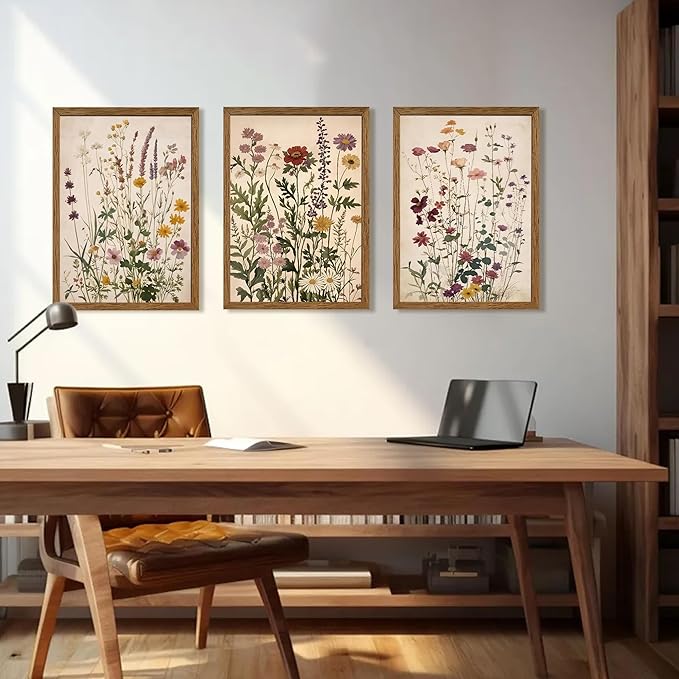 WRFON Botanical and Flower Canvas Wall Art, Framed Wildflower Wall Art Set of 3 - Image 3