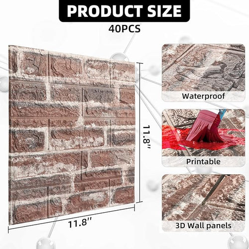40 PCS 3D Wall Panels Peel and Stick Faux Foam 11.8"*11.8" Red Brick Color - Image 2
