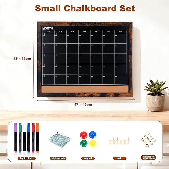 Chalkboard Calendar for Wall, Small Rustic Framed Magnetic Chalkboard & Cork - Image 2