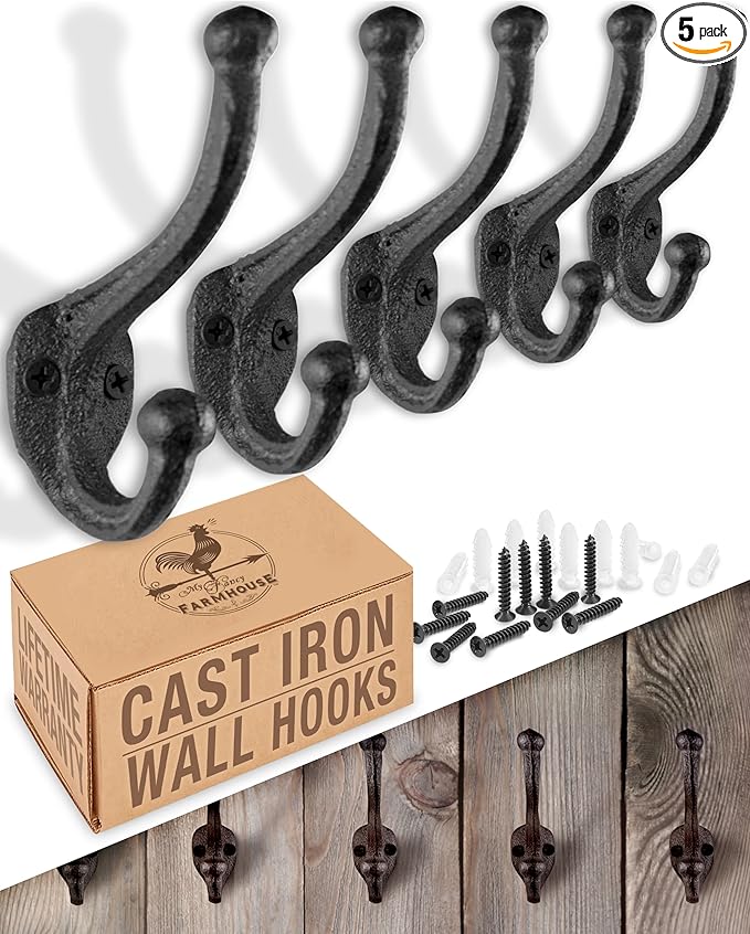 Rustic Cast Iron Coat Hooks Wall Mounted Farmhouse Decorative Wall Hooks by MyFancyFarmhouse