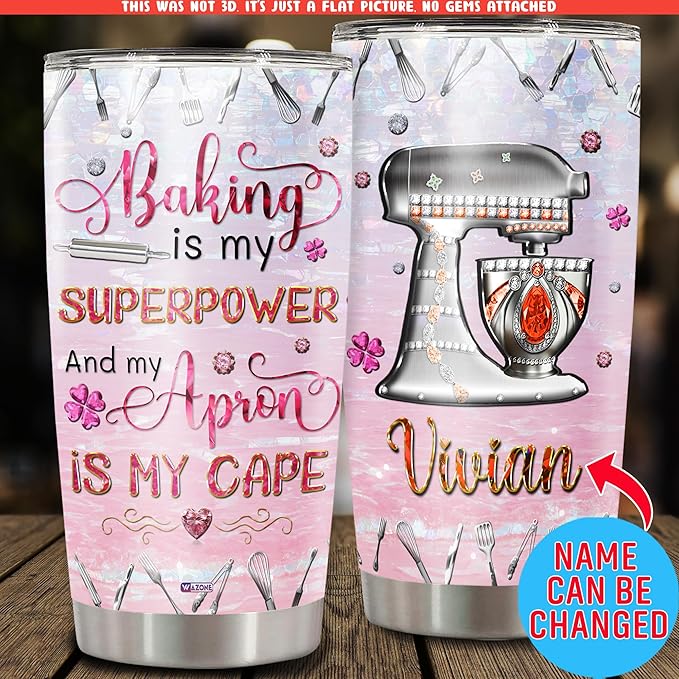WAZONE Personalized Baking Tumbler With Lid 20oz 30oz Custom Name Jewelry Style Vacuum Insulated Cup Novelty Travel Mug Pastry Chef Cooking Themed Gifts For Cute Baker Women Who Love To Bake