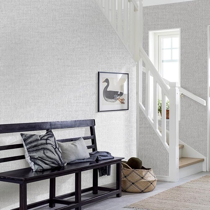Grasscloth Peel and Stick Wallpaper, Light Grey Vintage Textured Faux Linen - Image 7