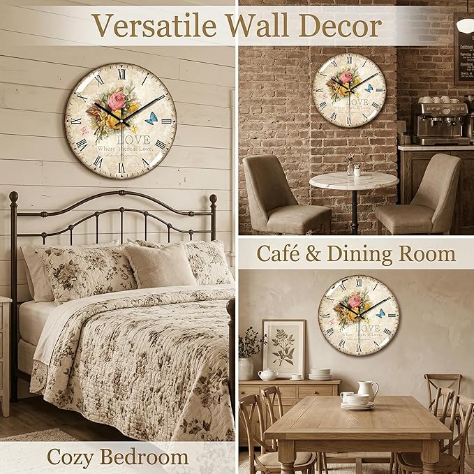 Decorative Wall Clock Battery Operated, 12-Inch Retro Vintage Floral Butterfly - Image 5