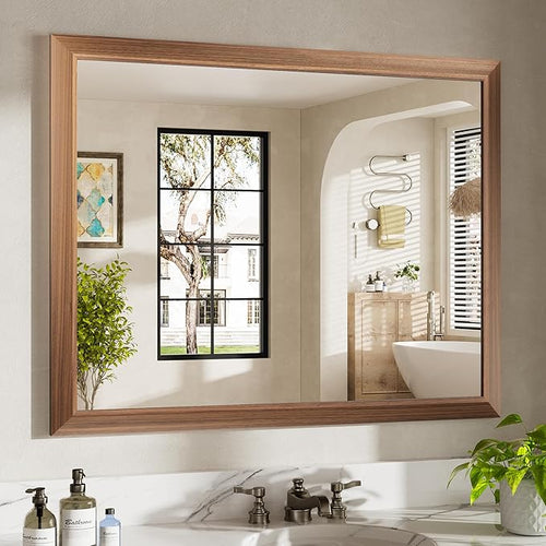 40x32 Inch Bathroom Mirror for Wall, Anti-Rust Walnut Wood Grain Metal Framed by Briivuemodernmirrors