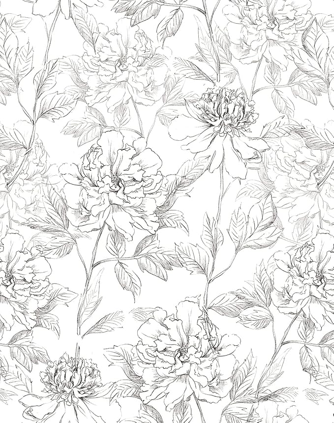 JiffDiff Peel and Stick Wallpaper Black and White Floral Wall Paper 17.3" x by wallpaper