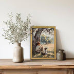 Wood Framed Canvas Wall Art, Vintage Boy and Dog Painting Poster, Countryside - Image 2