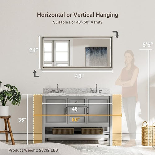 48 x 24 Brushed Nickel Bathroom Mirror, Beveled Framed Rectangle, Shatterproof - Image 2